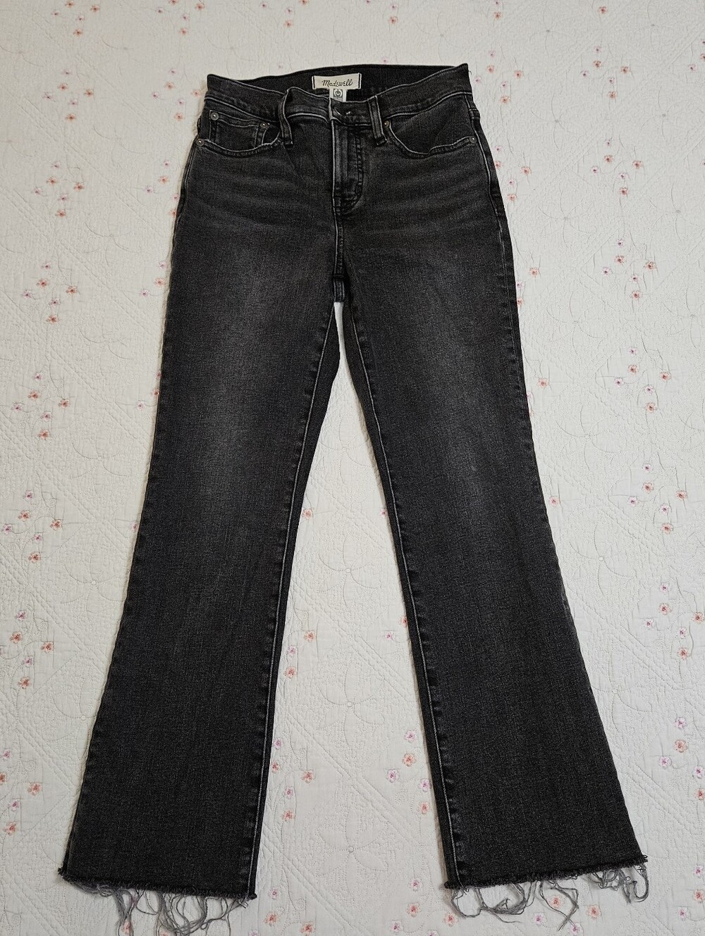 Madewell Black Mid Rise Kick Out Jeans Cropped Destressed Sz 25 Womens